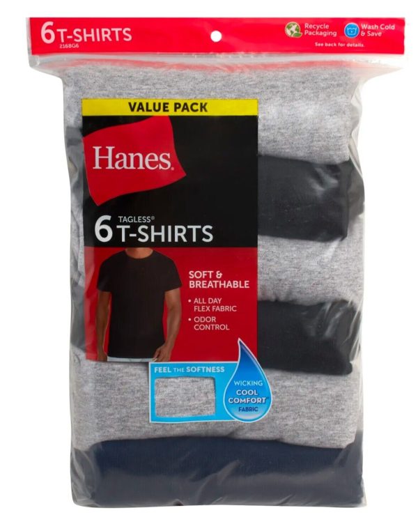 Hanes 6-pack Mens T-Shirt Moisture-Wicking Cotton Crewneck Tees Black, Gray XL - Image 2
