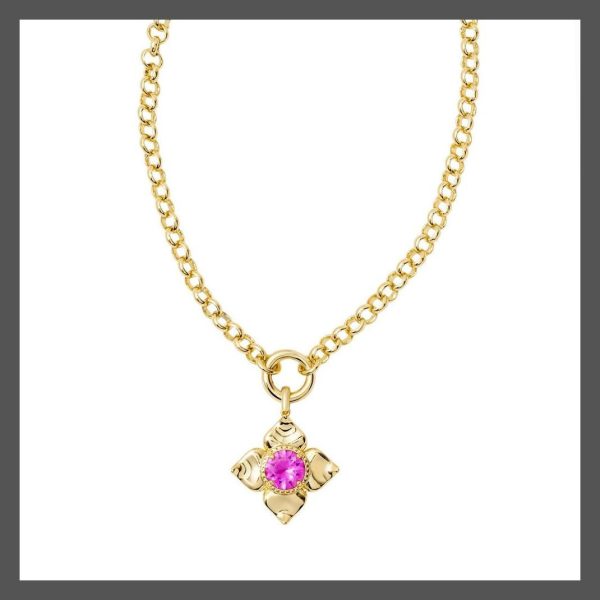 Kendra Scott Necklace Pendant PrincessCut Crystal Gold Pink Lily 14K Brass Chain