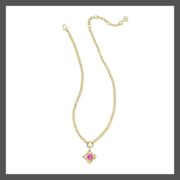 Kendra Scott Necklace Pendant PrincessCut Crystal Gold Pink Lily 14K Brass Chain - Image 2