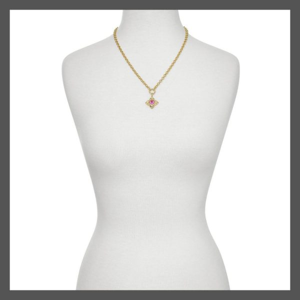 Kendra Scott Necklace Pendant PrincessCut Crystal Gold Pink Lily 14K Brass Chain - Image 3