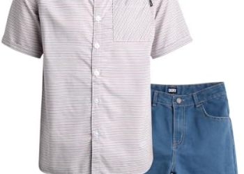 DKNY Boys’ Shorts Set – 2 Piece Short Sleeve Collared Button Down Shirt and Stretch Denim Shorts for Boys (Sizes 8-12), Size 10, Winter White Stripe: Clothing, Shoes & Jewelry