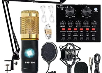 Podcast Equipment Bundle, BM-800 Recording Studio Package with Voice Changer, Live Sound Card – Audio Interface for Laptop Computer Vlog Living Broadcast Live Streaming YouTube TikTok (AM100-V8)  Musical Instruments